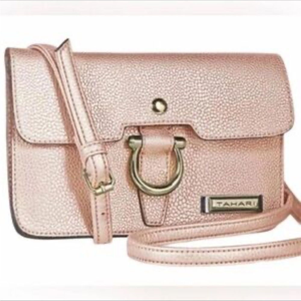 Tahari Women's Rose Gold Pink Faux Pebble Leather Crossbody Purse Handbag Bag